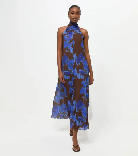Women's Brown Floral Halter Neck Mesh Midaxi Dress