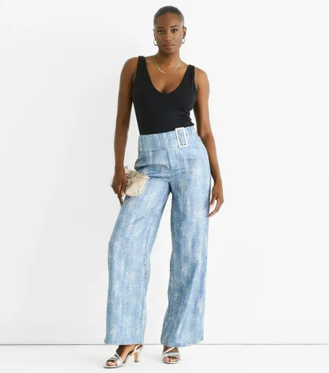 Women's Blue Printed Belted Trousers
