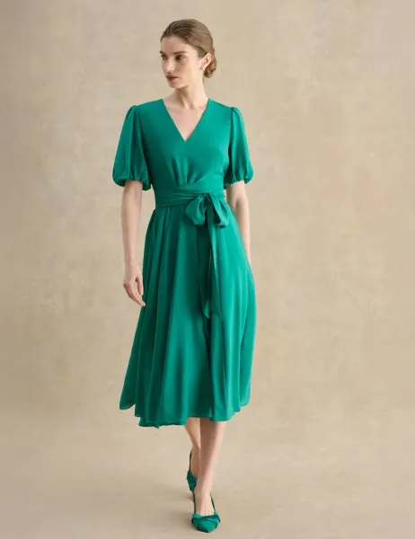Hobbs Lyocell Rich V-Neck Midi Skater Dress Green