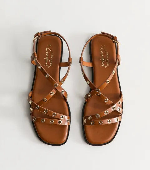 Women's Tan Faux Leather Eyelet Embellished Multi Strap Flat Sandals Vegan