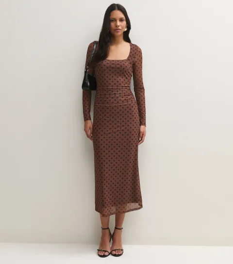 New Look Women's Brown Mesh Polka Dot Long Sleeve Midi Dress
