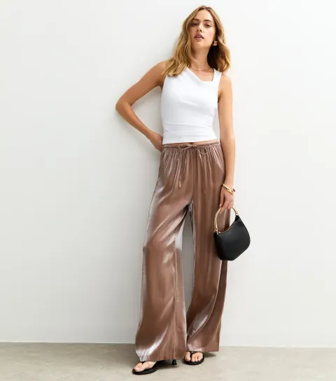 New Look Women's Mink Shimmer Satin Wide Leg Trousers