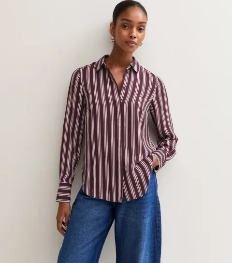 New Look Women's Burgundy Striped Long Sleeve Shirt