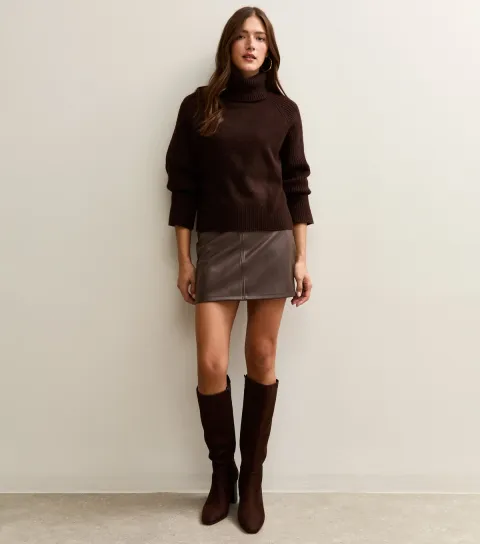 Women's Dark Brown Faux Leather A-Line Mini Skirt