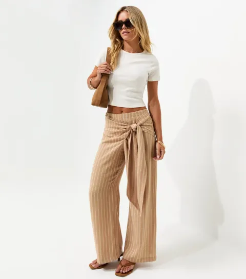 Women's Petite Camel Woven Striped Wrap Waist Wide Leg Trousers