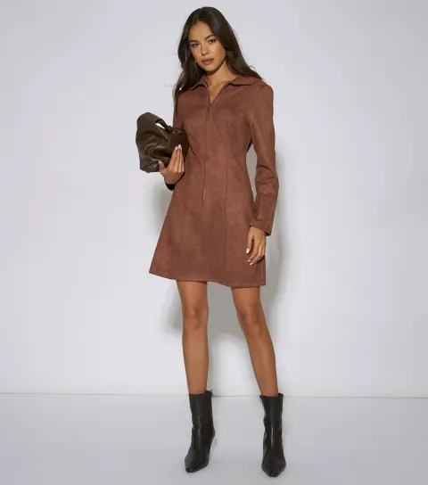 Gini London Women's Light Brown Faux Suede Zip Mini Dress