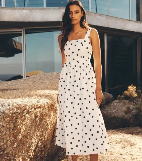 Women's White Polka Dot Print Midi Dress