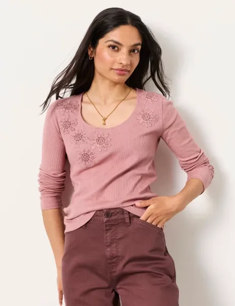 FatFace Pure Cotton Ribbed Appliqué Top Pink