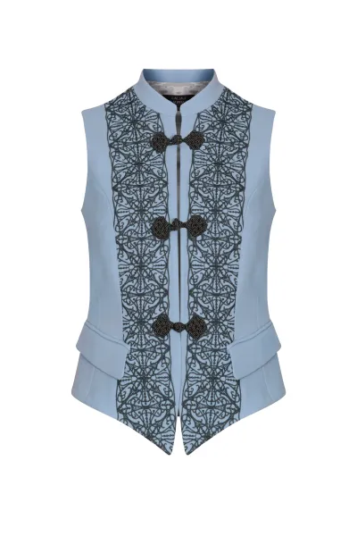 Waistcoat in Embroidered Sky Faille with Grey Frogging Fastening - Wendy