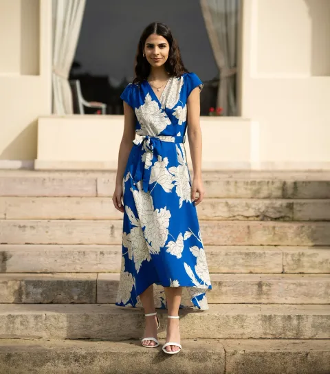 Women's Blue Floral Print Wrap Front Dress
