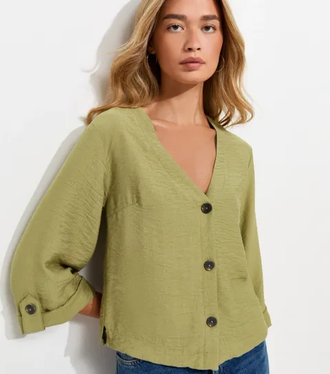 Women's Tall Dark Khaki Crinkle Texture Button Front Shirt