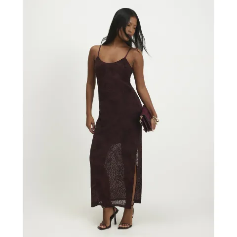 River Island Petite Burgundy Sleeveless Devore Maxi Dress