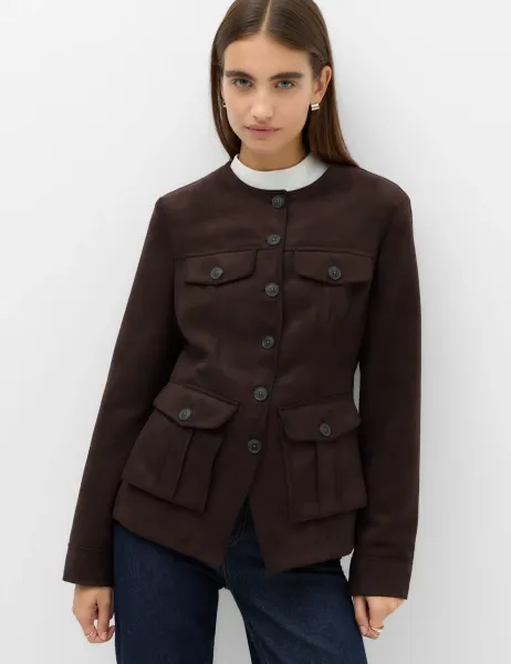 Marks & Spencer Suedette Colarless Utility Jacket Bitter Chocolate