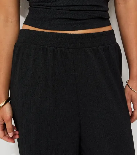 Women's Petite Black Crinkle Jersey Wide Leg Trousers