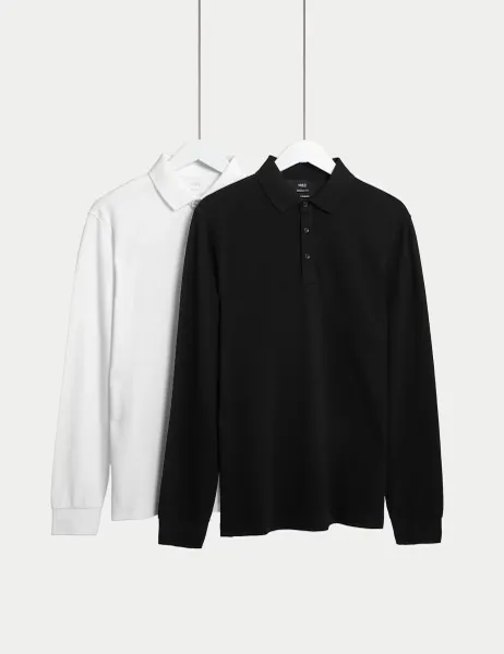 Marks & Spencer 2 Pack Pure Cotton Long Sleeve Polo Shirts White Mix