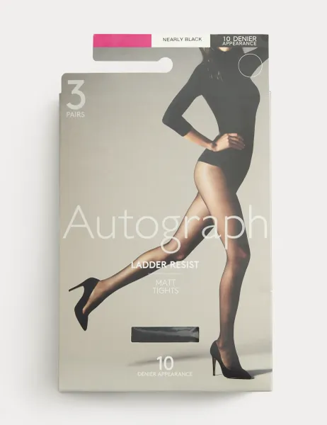 3pk 10 Denier Ladder Resist Matt Tights Nearly Black