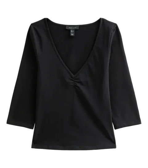 Women's Black Cotton Rich Ruched V-Neck Cropped Sleeve Top