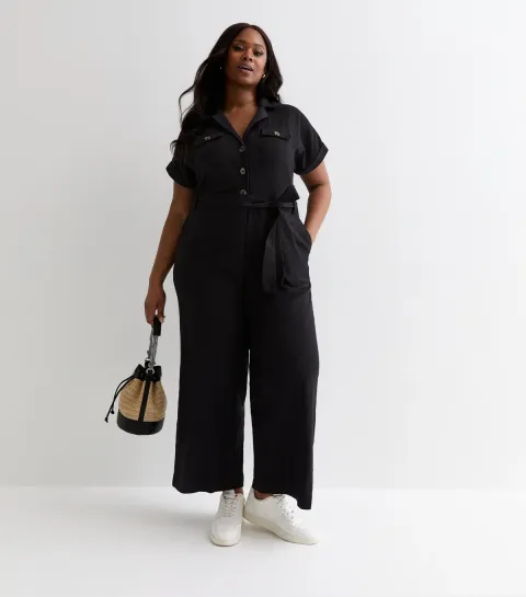 Women's Plus Size Black Cotton Belted Utility Jumpsuit Curves