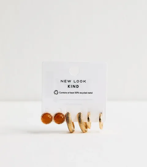 Pack Of 3 Gold Tone Hoop and Domed Stud Earrings