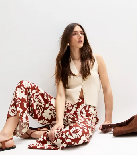 New Look Women's Brown Floral Print Wide Leg Trousers