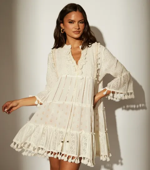 Women's Cream Trim Detail Tiered Mini Dress