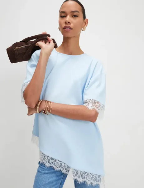River Island Lace Trim Asymmetrical T-Shirt Light Blue