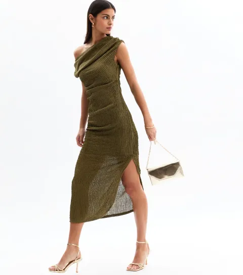 Women's Khaki Green Textured Ruched Bardot Midi Dress