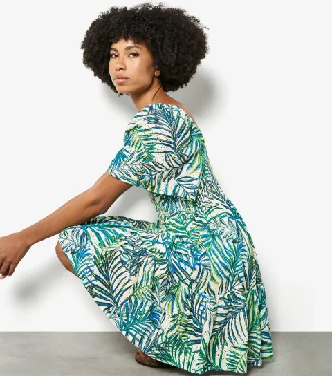 Women's Blue Leaf Print Puff Sleeve Mini Dress