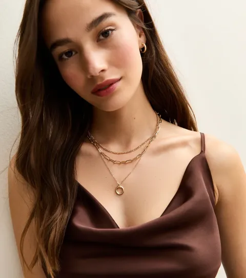 New Look Gold-Tone Multi Layer Chain Circle Pendant Necklace