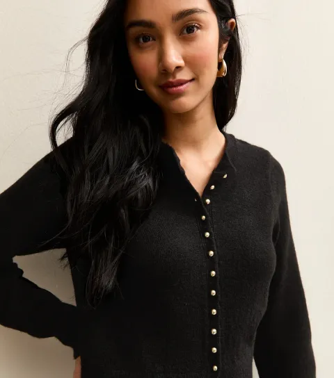 Women's Black Dome Button Crew Neck Cardigan