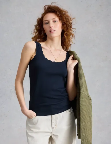 White Stuff Pure Cotton Ribbed Wavy Trim Vest Navy