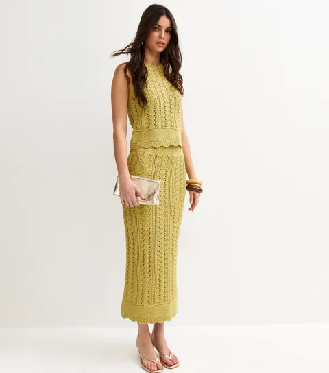 Women's Green Cotton Rich Scallop Hem Pointelle Knit Skirt