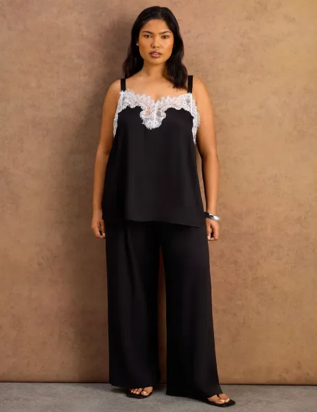 Live Unlimited London Sweetheart Neck Lace Detail Cami Top Black