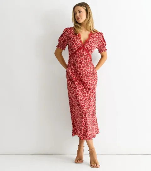 Women's Red Floral Print Lace Trim Midi Dress