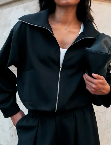 RO&ZO Cotton Rich Funnel Neck Cropped Jacket Black