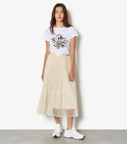 Women's Cream Bow Detail Mesh Midi Skirt