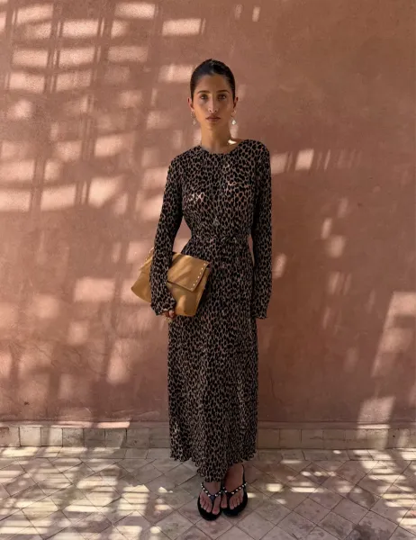 Never Fully Dressed Leopard Print Midaxi Waisted Dress Brown Mix