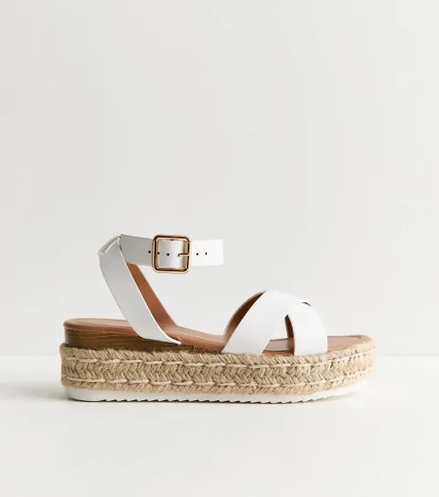 Women's White Faux Leather Espadrille Flatform Sandals Vegan
