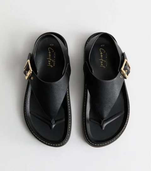 New Look Women's Black Faux Leather Toe Post Chunky Flat Sandals Vegan