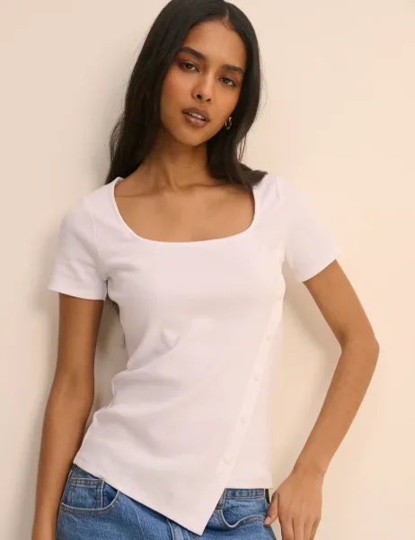 Nobody's Child Cotton Rich Ribbed Square Neck Asymmetric Fitted T-Shirt White