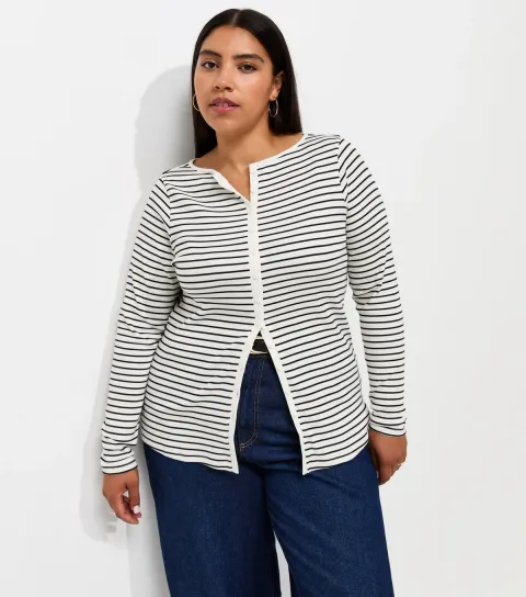 New Look Women's Plus Size Black Cotton Rich Striped Long Sleeve Button Front Top Curves