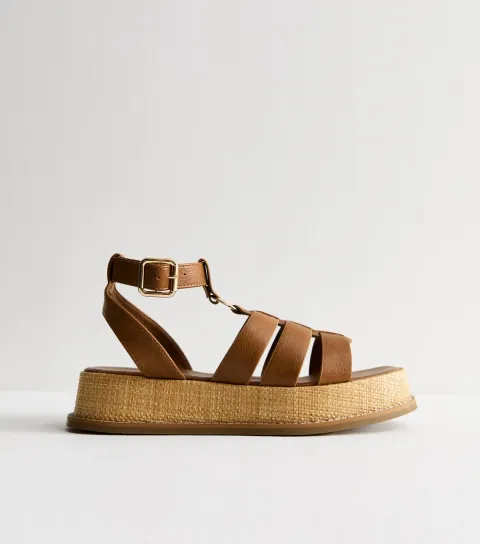 Women's Tan Faux Leather Gladiator Flatform Sandals Vegan