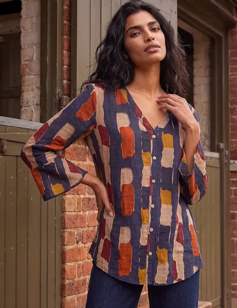 Roman Cotton Rich Abstract Print V-Neck Blouse Navy Mix