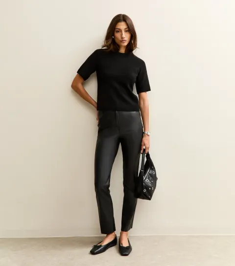 Women's Tall Black Faux Leather Straight Leg Trousers