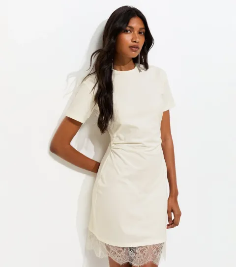 New Look Women's Cream Cotton Rich Ruched Lace Hem T-Shirt Dress