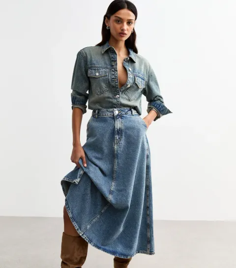 Women's Blue Vintage Tint Midi Denim Skirt
