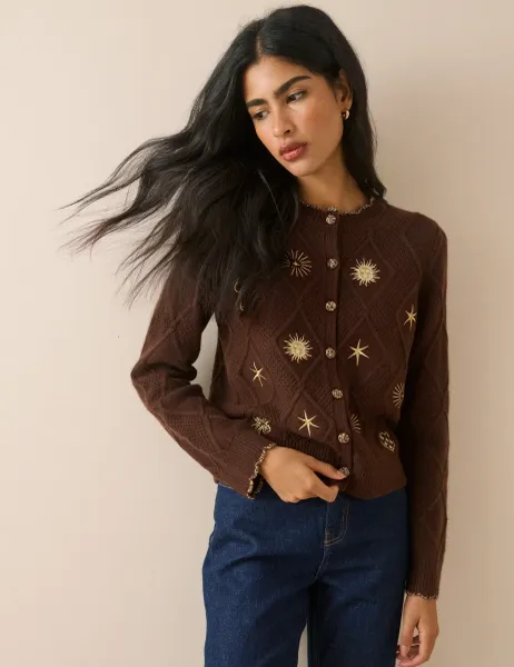 Nobody's Child X Elizabeth Scarlett Wool Blend Embroidered Cable Knit Cardigan