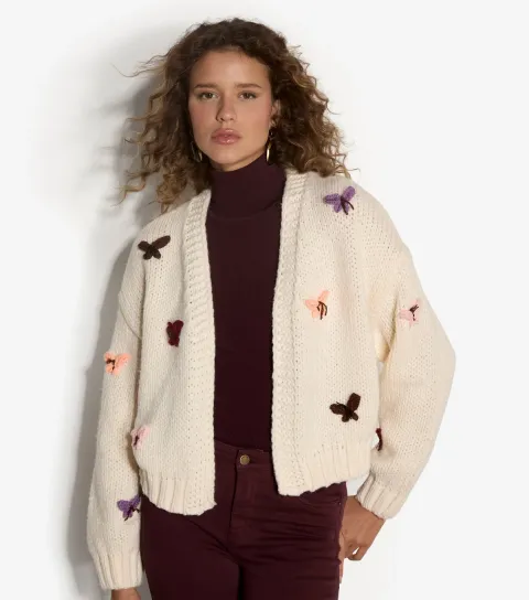 Women's Cream Crochet Butterfly Knitted Cardigan