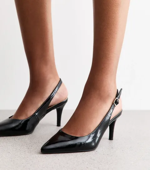 New Look Women's Black Faux Patent Slingback Pumps Vegan