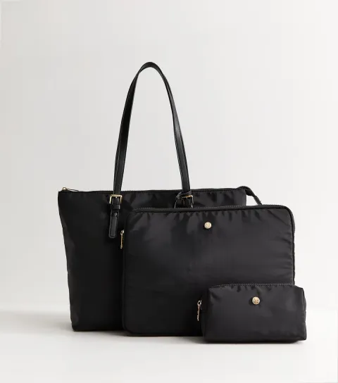 Black Fabric Tote Bag Laptop Case and Pouch Trio